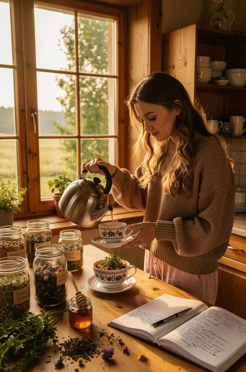 Žmogaus ranka pilanti karštą arbatą į stiklinį indą, pabrėžiant sveikatingumo ritualų svarbą ir paprastas naudojimo idėjas.