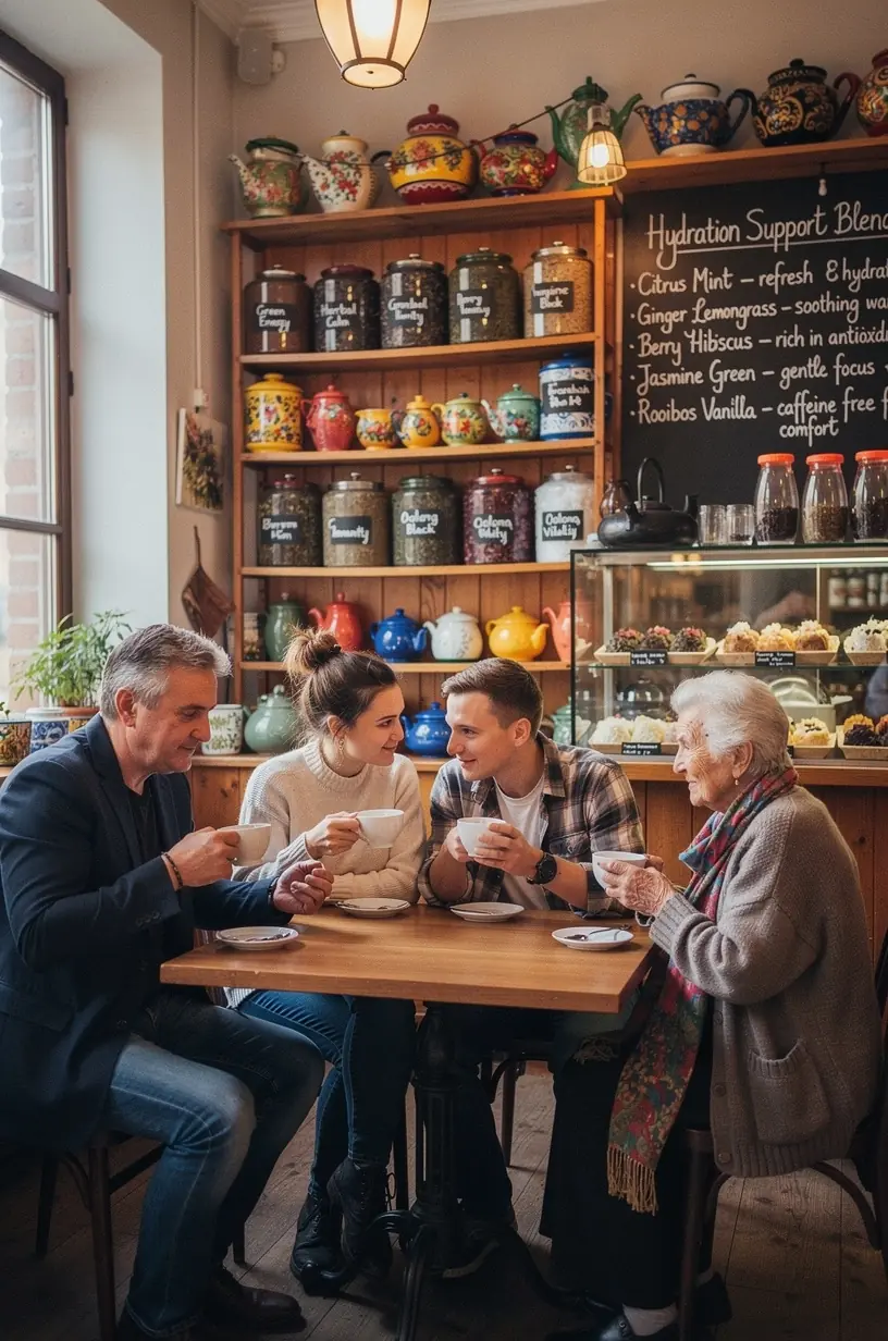 Stiklinė su žolelių arbata, šalia natūralūs ingredientai, atspindintys arbatos naudą ir edukacinį požiūrį į kasdienį vartojimą.